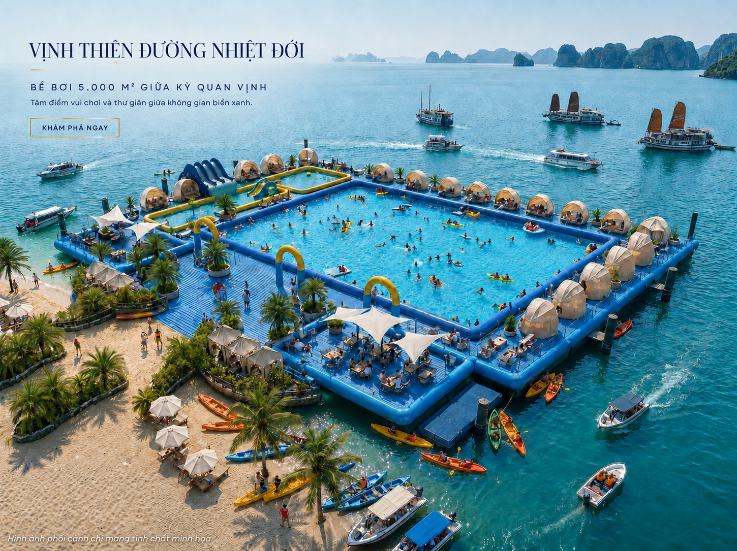 Bể bơi nổi 5.000 m² tại Thiên Đường Nhiệt Đới 1 – Điểm nhấn nghỉ dưỡng giữa Vịnh kỳ quan